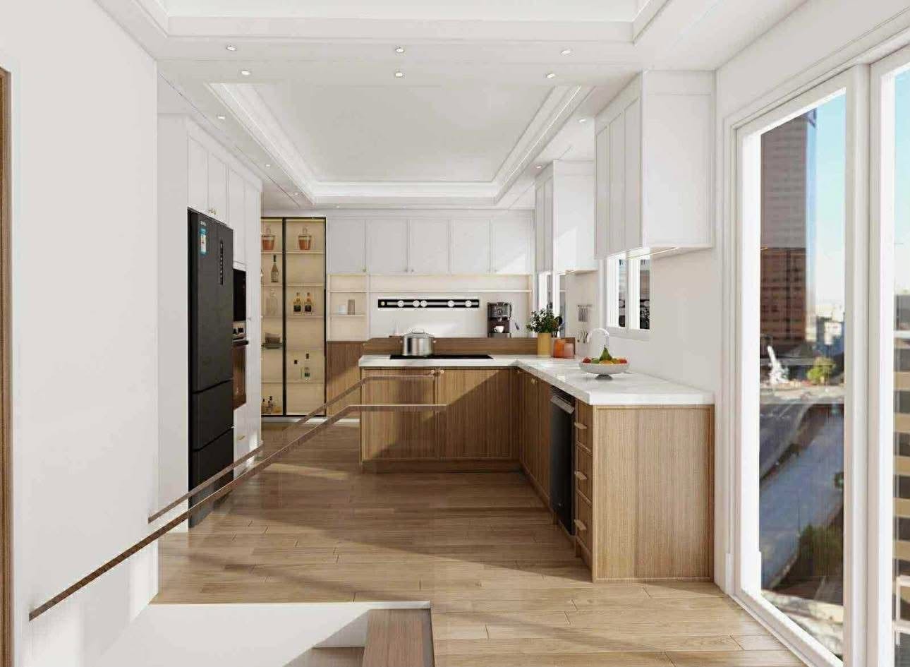 Cuisine contemporaine sur mesure Ebanista : armoires hautes blanches, caissons et façades en noyer naturel, comptoir de quartz et grande fenestration.